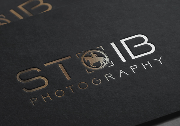 Modern horse photographer logo design featuring a minimalist font with a central horse emblem in a camera focus frame, displayed on a sleek black background.