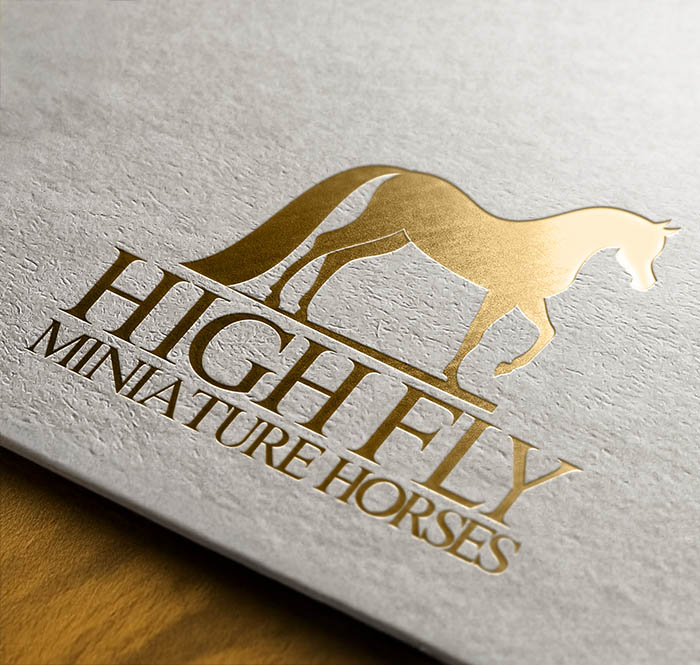 Custom gold logo design for High Fly Miniature Horses, showcasing a sleek horse silhouette on textured paper.