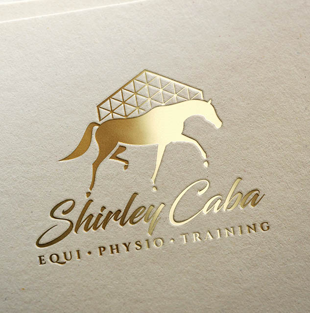 Shirley Caba Equine Services logo: gold foil on textured paper with horse silhouette.