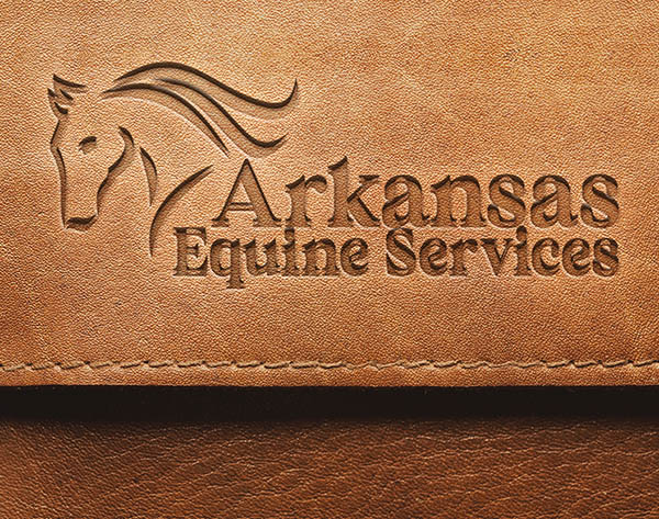 Embossed leather-style logo design for Arkansas Equine Services, featuring a horse graphic and professional typography.